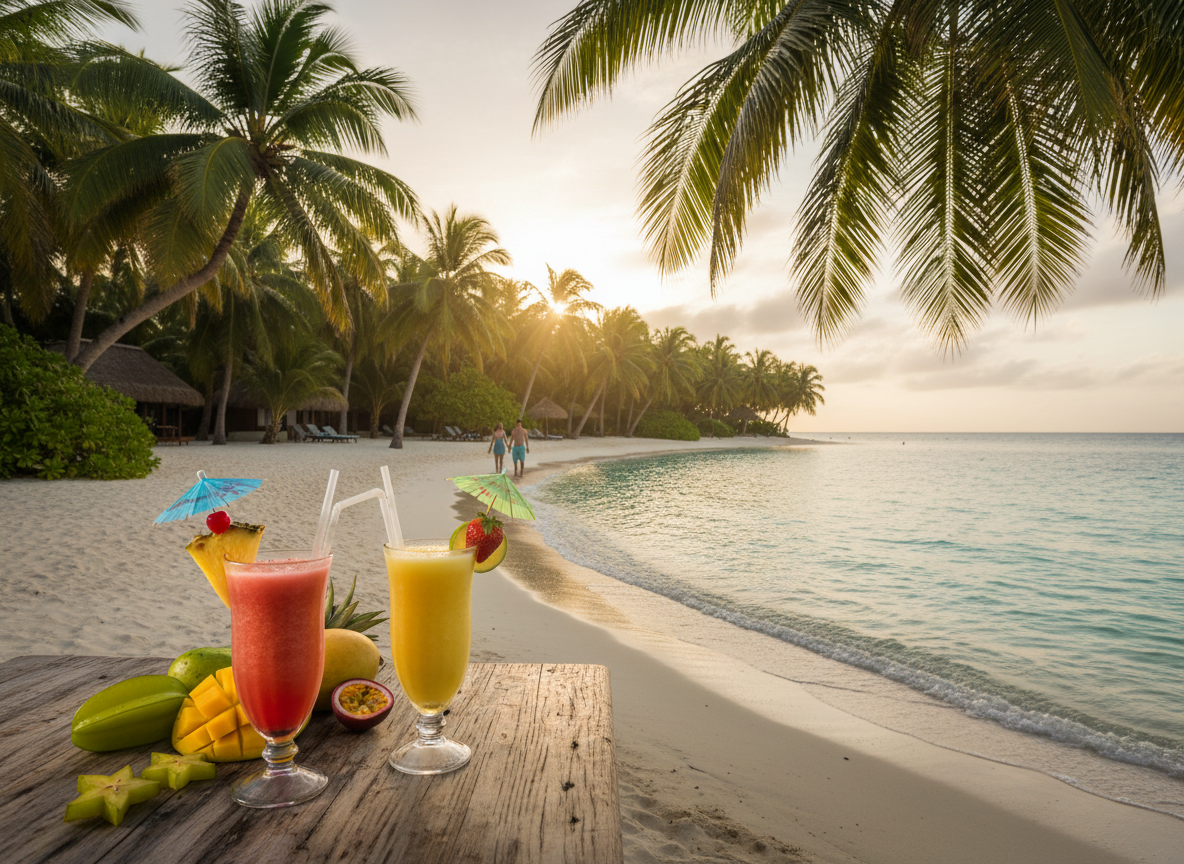 A romantic tropical honeymoon scene: crystal clear turquoise ocean water, pristine white sandy beach, lush green palm trees swaying gently, and colorful tropical drinks with umbrellas and fruit on a wooden table in the foreground. Soft golden sunlight, dreamy and idyllic atmosphere, luxury resort feel.
