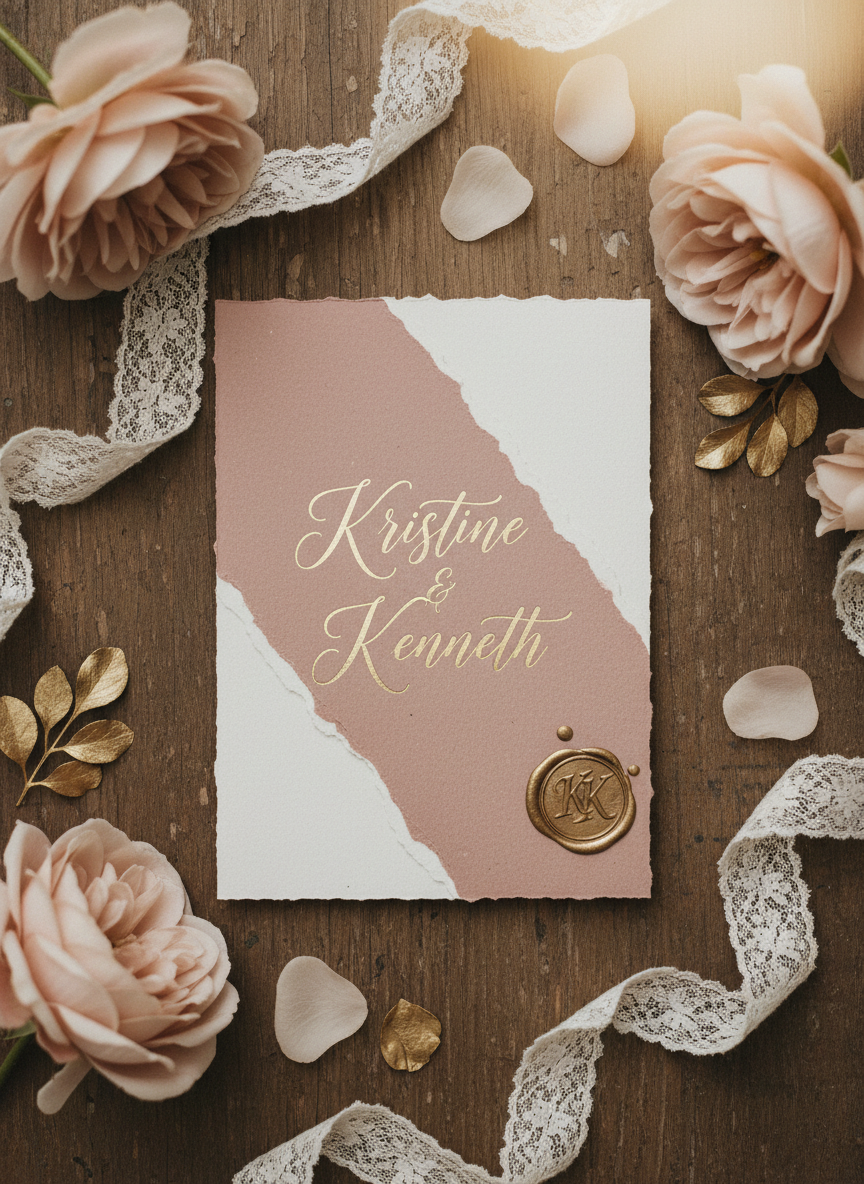 Vertikalt foto av et rustikt bryllupskort i fargene dusty rose, gull og krem, med navnene «Kristine & Kenneth» skrevet i elegant kalligrafi.
