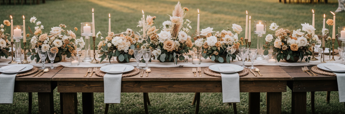 A light and romantic hero image for a wedding website: an elegant outdoor wedding setup with a rustic wooden table, flowers and candles in warm beige and cream tones, photographed from a slight distance with calm open space in the center. Soft evening light, natural and clean expression. No text, no overlays, no words.