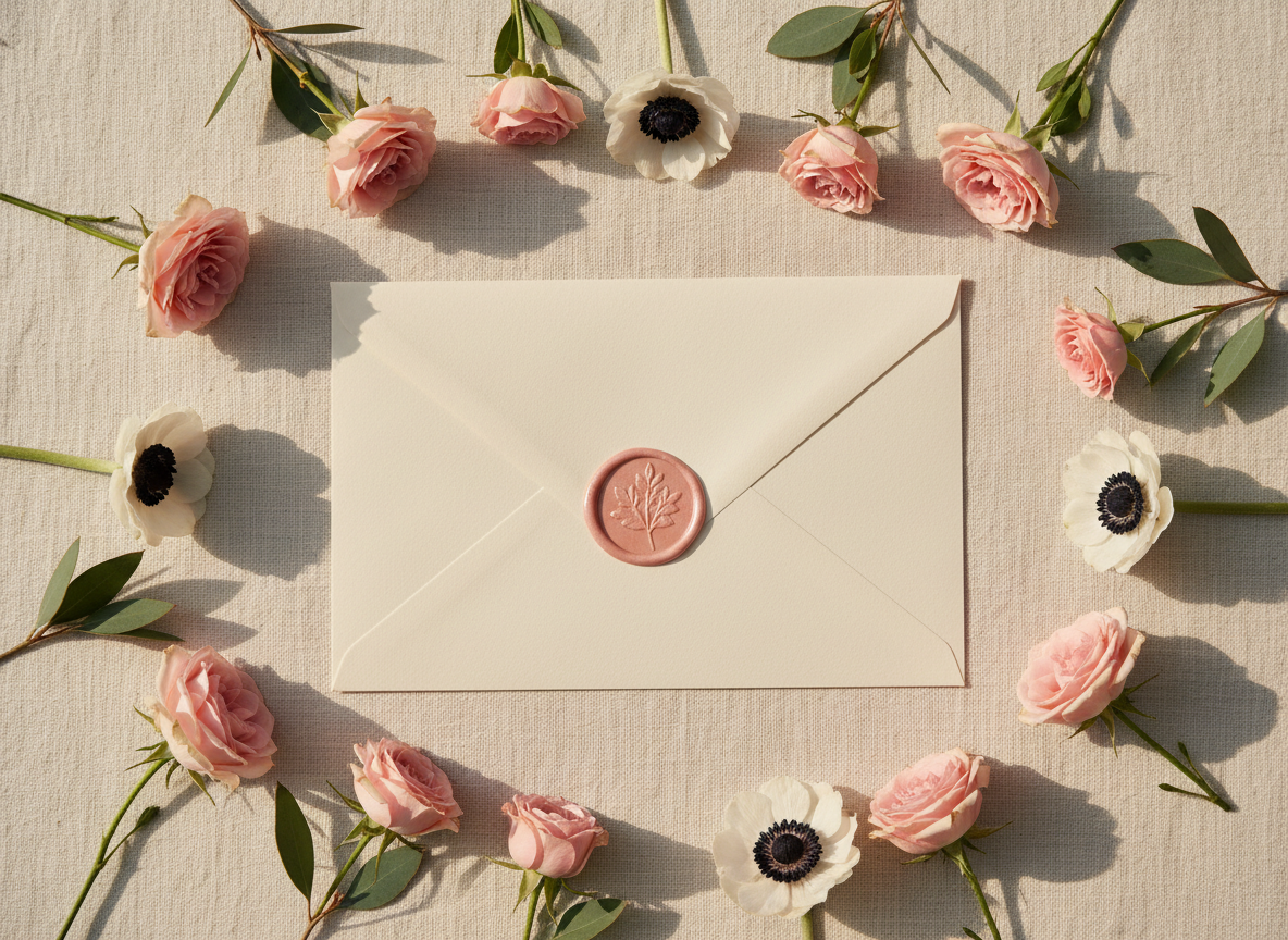 A single elegant wedding envelope, closed and sealed with a pink wax seal, surrounded by soft delicate flowers — small blush pink roses, white anemones, and eucalyptus sprigs scattered lightly around it. Cream linen background, warm beige and blush pink tones. Romantic, airy, soft natural light. No text, no writing, no words anywhere. Minimal and beautiful flat lay composition.
